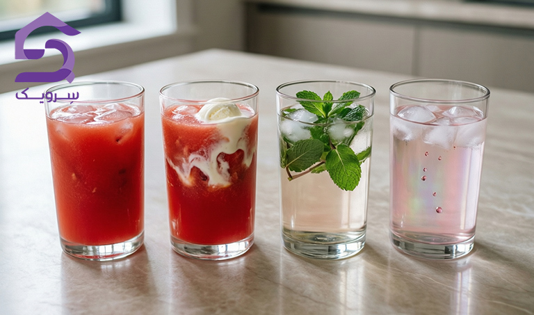 آبمیوه طبیعی هندوانه متنوع با بستنی و نعنا و گلاب