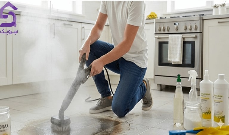 تمیز کردن سرامیک آشپزخانه با دستگاه بخارشوی و برس کف‌شوی