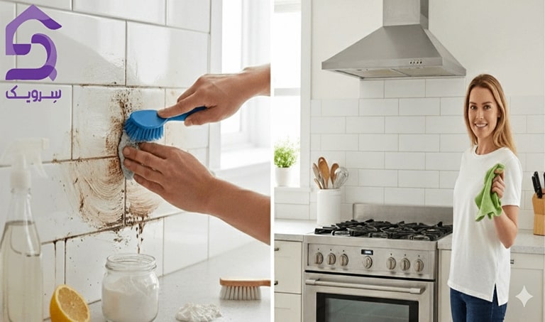 شست‌وشوی چربی‌های قدیمی دیوار کاشی با برس و مواد پاک‌کننده