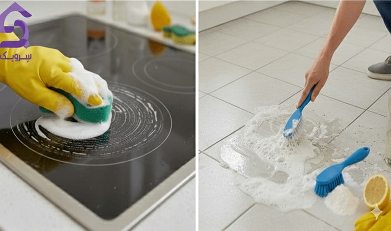 تمیز کردن چربی از سطح اجاق گاز و شست‌وشوی سرامیک با برس و کف شوینده