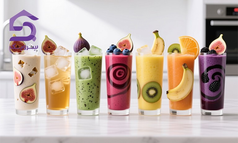 انواع اسموتی و آبمیوه طبیعی میوه‌ای در لیوان