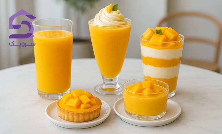 دسر و نوشیدنی‌های انبه‌ای سرو شده روی میز