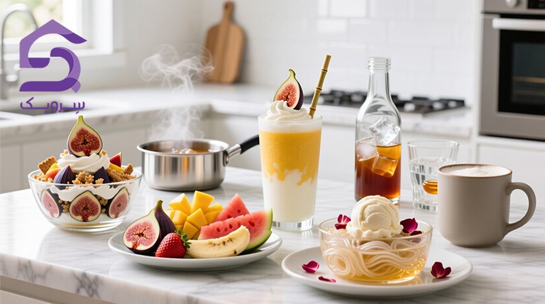 سرو نوشیدنی و دسر میوه‌ای در آشپزخانه روشن