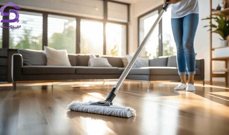 تی کشیدن کف سرامیکی خانه با سطل آب