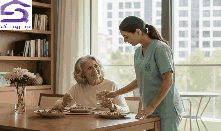 سالمند در کناره پرستار سالمند برای صرف غذا