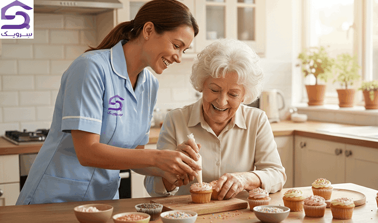 پرستار سالمند در منزل در قیطریه تهران هنگام کمک به پخت شیرینی