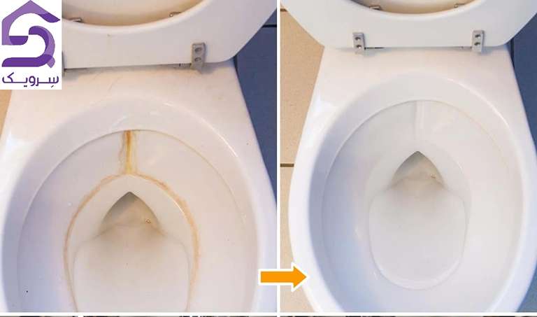 قبل و بعد پاک کردن لکه زرد کاسه توالت با جرم گیری