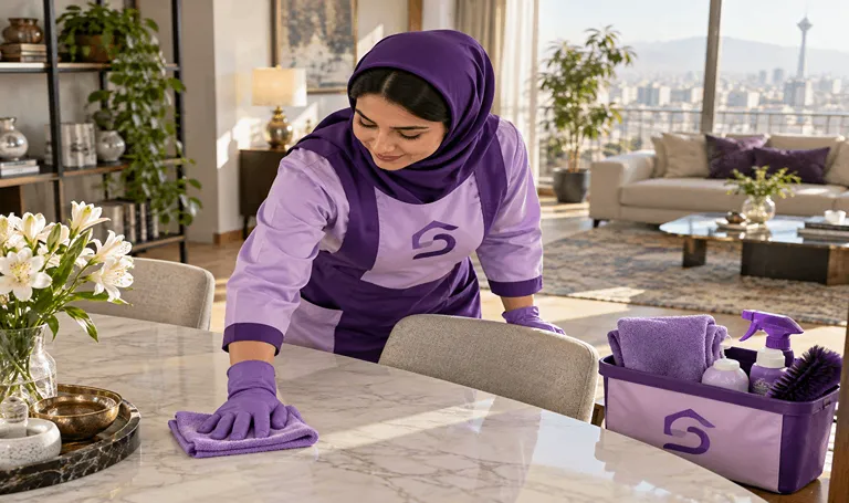 تمیزکاری میز غذاخوری توسط نیروی حرفه‌ای سرویک